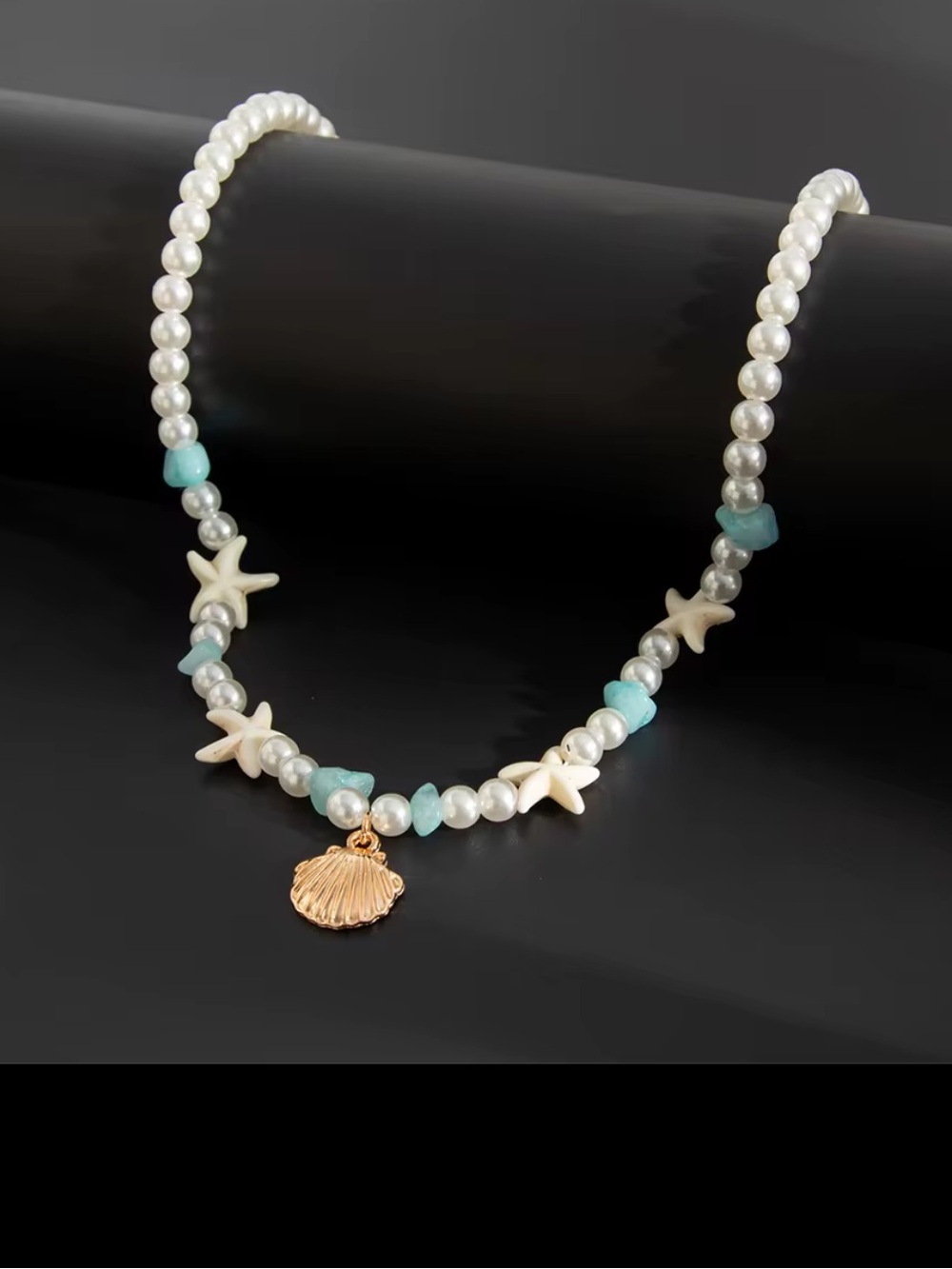 Anthropologie Pearl & Aqua Bead Necklace with Gold Shell Charm - Picture 3 of 4